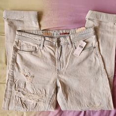 Waist: 15.5 In Rise: 9.5 In Hips: 17.75 In Length: 33.75 In Tags: Denim, Faded, Ripped, Boyfriend, Boyfriend Jeans, Cuffed Jeans, New, Low Rise Cheap Boyfriend Fit Bottoms With Frayed Hem, Cream Boyfriend Jeans, Cheap Light Wash Distressed Pants, Distressed Light Jeans, Cream Ripped Jeans, Colored Denim Jeans, Boyfriend Boyfriend, Anthropologie Jeans, Cuffed Jeans