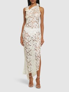 Flower appliqués at neckline. Front cutout detail. All over pattern placement may vary. Model is wearing a sizeS Wedding Afterparty Dress, Afterparty Dress, Wedding Afterparty, Bride Things, Flower Gown, Wedding Edit, Flower Maxi Dress, Drape Maxi Dress, Wedding After Party