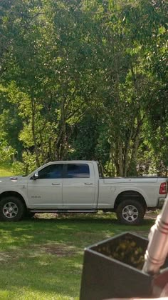 a white truck is parked in the grass