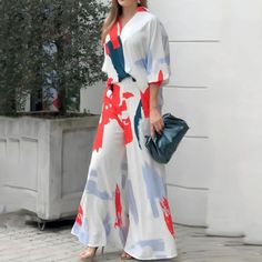 Women's Elegant Fashion Printed V-neck High Waist Flared Pants Temperament Suit Casual Red V-neck Jumpsuit, Casual Red V-neck Jumpsuits And Rompers, Red V-neck Jumpsuits And Rompers, Chic Red V-neck Sets, Red V-neck Jumpsuit For Spring, Red V-neck Jumpsuits And Rompers For Spring, Red Chic V-neck Sets, Red V-neck Chic Sets, Flared Pants