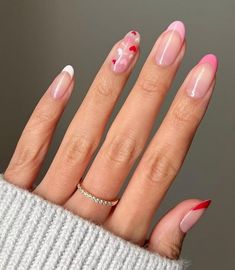 50 Pink Valentines Nail Art Trends Red Pink White Nails, Red And Pink French Tip Nails, Long Round Nails, Red Wedding Nails, Pink French Tip Nails, Valentines Nail Art, Pink White Nails, Red And White Nails