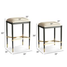 two stools are shown with measurements for each side and the top one has an open end