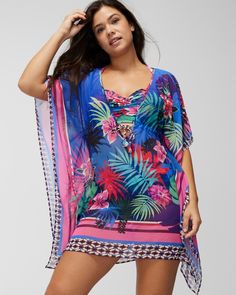 Bleu Rod Hawaiian Punch Chiffon Caftan - Soma Tropical Multicolor Beach Dress Cover-up, Beachy Tropical Print Cover-up For Beach, Tropical Print Beachwear Cover-up For Pool, Beachy Printed Pool Cover-up, Tropical V-neck Kaftan For Beach Cover-up, Floral Print V-neck Cover-up For Vacation, Summer Tropical Print Poolside Cover-up, Flowy Multicolor Beachwear Cover-up, Floral Print Summer Cover-up For Vacation