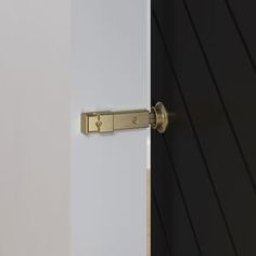 an open door with a brass handle on the front and side of it, next to a white wall