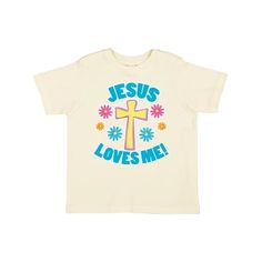 Easter Jesus Loves Me with Cross and Flowers Toddler T-Shirt are a great way for you to dress up your little one for the Easter celebrations this year! A toddler-soft cotton tee in look-at-me, big kid colors. 4.5 oz., 100% combed ringspun cotton. White is sewn with 100% cotton thread. Topstitched rib crew neck. Double-needle stitched sleeves and bottom hem. Shoulder-to-shoulder taping. Toddler T-Shirt. Size: 5/6T.  Gender: female. Sayings For Kids, T Shirt Sayings, Shirt Sayings, Christian T Shirt, Flowers Gift, Jesus Loves Me, Girl T Shirt, Girls Toddler, T Shirts With Sayings