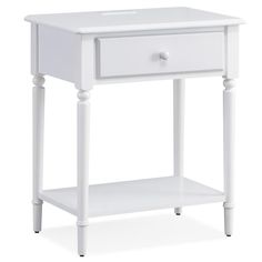 a white nightstand table with drawers on one side and an open drawer on the other