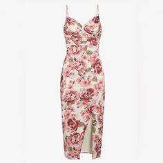 Express Floral Satin V-Neck Wrap Midi Dress Color: Pink Print Size: 4 Price: 98.00 Beautiful Dress But It Did Not Fit Me. Elegant V-neck Floral Dress For Brunch, Feminine Fitted V-neck Floral Dress, Fitted Feminine Floral V-neck Dress, Fitted V-neck Feminine Floral Dress, Elegant V-neck Mini Dress With Floral Print, Elegant Fitted V-neck Floral Dress, Summer Sheath V-neck Dress For Date Night, Fitted Floral Print V-neck Dress For Brunch, Floral Print V-neck Cocktail Dress