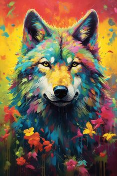 a painting of a wolf with colorful paint splattered on it's face