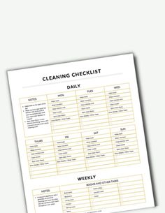 the cleaning checklist is shown on top of a white sheet with yellow trimmings