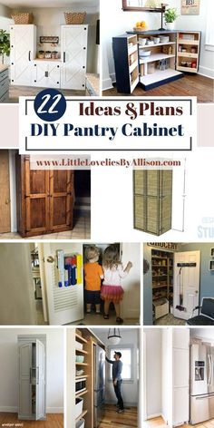 several different pictures of kitchen cabinets with the words 12 ideas & plans diy pantry cabinet