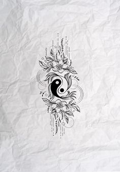 the yin symbol is surrounded by flowers and vines on crumpled paper, as well as an ornamental