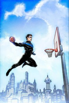 a man flying through the air while holding a basketball next to a hoop with buildings in the background