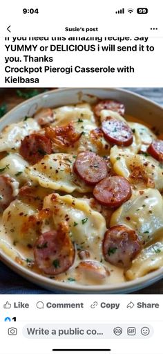 a plate of pasta with sausage and tomatoes on it is shown in an instagram post