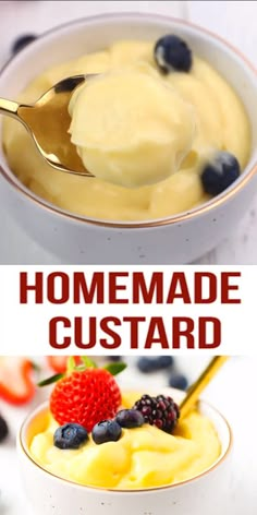 homemade custard with berries and blueberries in a bowl