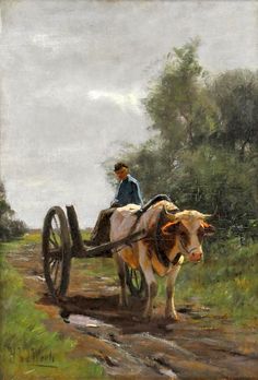 a painting of a man driving a cart with two cows