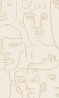 an abstract drawing of many faces on a beige background with lines and shapes in the form of people's heads