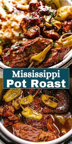 mississippipi pot roast with peppers and onions in a white bowl on top of a table