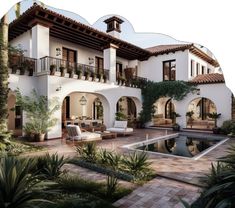 an artist's rendering of a house with a pool in the front yard and palm trees surrounding it