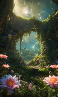 an image of a fantasy forest scene with flowers and plants in the foreground, surrounded by moss