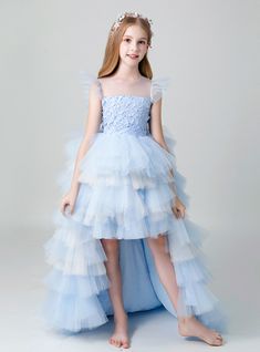 Silhouette:a-line Hemline:hi lo Neckline:scoop Fabric:tulle Shown Color:blue Sleeve Style:sleeveless Back Style:lace up Embellishment:appliques White Mermaid, Dress With Shawl, Lace Flower Girls, Tulle Sleeves, Tulle Flower Girl, Tulle Flowers, Flower Girl Dress Lace, Blue Tulle, Flower Girl Dresses Tulle