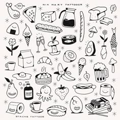 a black and white drawing of various food items