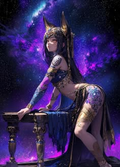 a woman dressed in costume sitting on top of a table next to a night sky