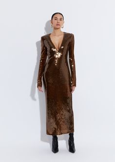 Sequin Midi Dress - LAPOINTE Bronze Dress, Sequin Midi Dress, Metal Fashion, Dress Satin, Brown Dress, Event Dresses, Fall Dresses, Satin Dresses, Gorgeous Dresses