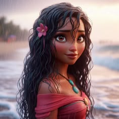 a cartoon character with long hair and flowers in her hair, standing on the beach