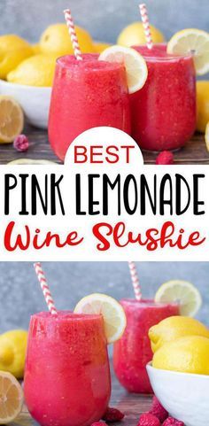 the best pink lemonade wine slushie is in two glasses with straws and lemons