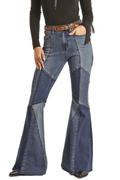 Rock & Roll Cowgirl Women's Patch Denim Bell Bottom Flare Jeans BW7HD02252-Painted Cowgirl Western Store Rock And Roll Denim, Kids Jeans Boys, Country Apparel, Womens Stretch Jeans, Western Pants, Jean Ideas, Womens Boyfriend Jeans, Cowboy Jeans, Womens Flare Jeans