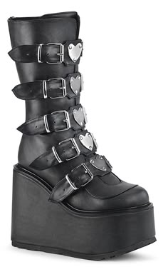 Swing your way into the club with this series of platform wedged boots and shoes, with buckles and straps and decals galore! Vegan Black PU leather 5 1/2 inch platform wedge Mid calf length 5 straps with buckle Heart-shaped metal plates Back zip Women's U.S sizing - refer to size chart for more info Goth Platforms, Heart Platforms, Demonia Boots, Gothic Boots, Goth Shoes, Goth Boots, Demonia Shoes, Attitude Clothing, Vegan Leather Boots