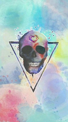 a painting with a skull in the middle and watercolor stains on it's face