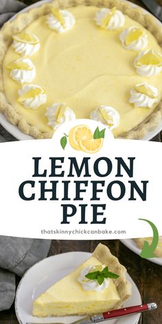 a lemon pie on a white plate with the title overlay reading lemon chiffon pie