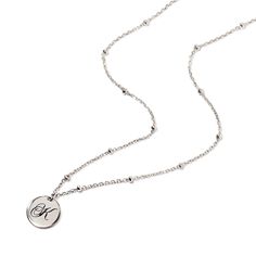 The perfect personalized gift for anyone with a calligraphy initial necklace. It's perfect as a birthday, friendship, mother's day and bridesmaids gift. Features a small round disc on a beaded chain from our signature O Collection. Disc diameter 9mm Adjustable chain: 17-19in (43-48cm) Laser Engraving Sterling Silver Italian Bead Chain Spring clasp closure Hypoallergenic, lead and nickel free #258S Adjustable Round Pendant Necklace For Personalized Gift, Adjustable Sterling Silver Name Necklace With Round Pendant, Adjustable Sterling Silver Round Pendant Name Necklace, Elegant Personalized Nickel-free Name Necklace, Silver Initial Necklace With Delicate Chain For Personalized Gift, Silver Monogram Initial Necklace For Her, Silver Monogram Initial Necklace As Gift For Her, Anniversary Initial Necklace With Adjustable Chain And Round Pendant, Personalized Round Initial Necklace For Her