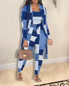 Elluis - Stylish 3-Piece Ensemble: Denim-Inspired Cami Top, Pants, and Longline Coat Set Coat Set, Fall Attire, Winter Knit Sweater, Longline Coat, Coverup Skirt, Denim Chic, Top Pants Set, Tankini Set, Suit Set