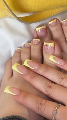 Toenail And Fingernail Combos, Matching Toe And Nail Set Ideas, Toe Nails Ideas French Tip, Short Acrylic Toes, Yellow French Tip Toes, Yellow Vacation Nails, Hands And Toes Nails Matching, Yellow Toe Nail Designs, Acrylic Nails And Toes Matching Ideas