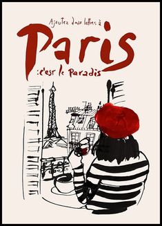 a poster with the words paris and a woman in striped shirt looking at the eiffel tower