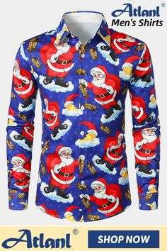 Great for vacation, Christmas holiday party, themed parties, etc. Mens Christmas Shirts, Christmas Buttons, Christmas Holiday Party, Holiday Blues, Funny Holiday, Blue Long Sleeve Shirt, Santa Claus Christmas, Party Funny, Holiday Humor