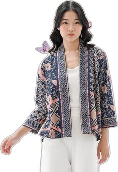 Cotton Kimono With Batik Print And Long Sleeves, Cotton Batik Print Kimono For Spring, Spring Cotton Kimono With Batik Print, Casual Batik Print Outerwear For Spring, Casual Spring Outerwear With Batik Print, Casual Cotton Printed Kimono, Casual Batik Print Outerwear For Fall, Casual Long Sleeve Batik Print Outerwear, Casual Long Sleeve Outerwear With Batik Print