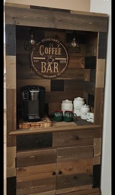 the coffee bar is made out of pallet wood