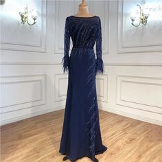 Muslim Navy Blue Mermaid Evening Dresses Gowns 2024 Luxury Elegant Beaded Feather For Women Party