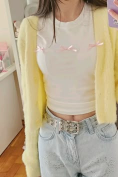 top with pink ribbons/bows / pastel Outfit/ bright color Outfit/ Yellow cardigan/ spring outfit Lexie Carroll, Yellow Pastel Outfit, Pastel Yellow Outfit Aesthetic, Yellow Cardigan Outfit Aesthetic, Yellow Blue Outfit, Pastel Yellow Outfit, Cardigan Spring Outfit, Fall Feminine Outfits, Yellow Cardigan Outfit