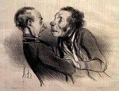 a drawing of two men facing each other with one looking at the other's face