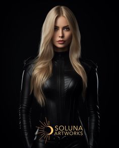 a woman with long blonde hair and black leather outfit, posing for the camera in front of