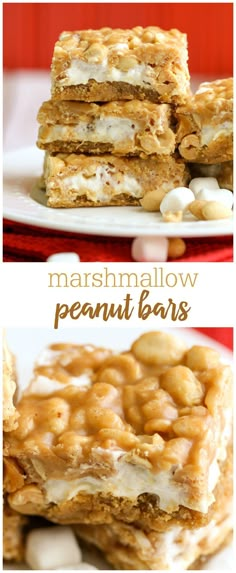 marshmallow peanut bars are stacked on top of each other and ready to be eaten