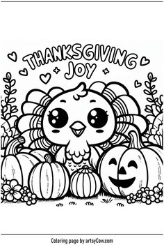 a thanksgiving coloring page with an owl and pumpkins