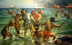 an oil painting of men in the water with paddles and other people standing around