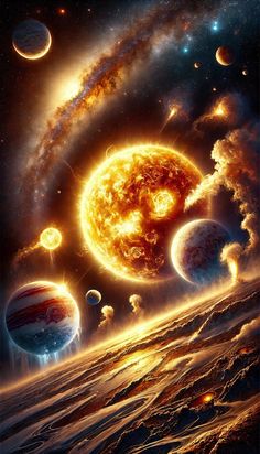 an artist's rendering of the solar system with planets and suns in it