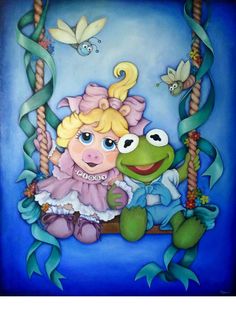 a painting of a girl and frog on a swing