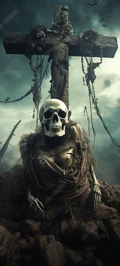 a skeleton sitting in front of a cross